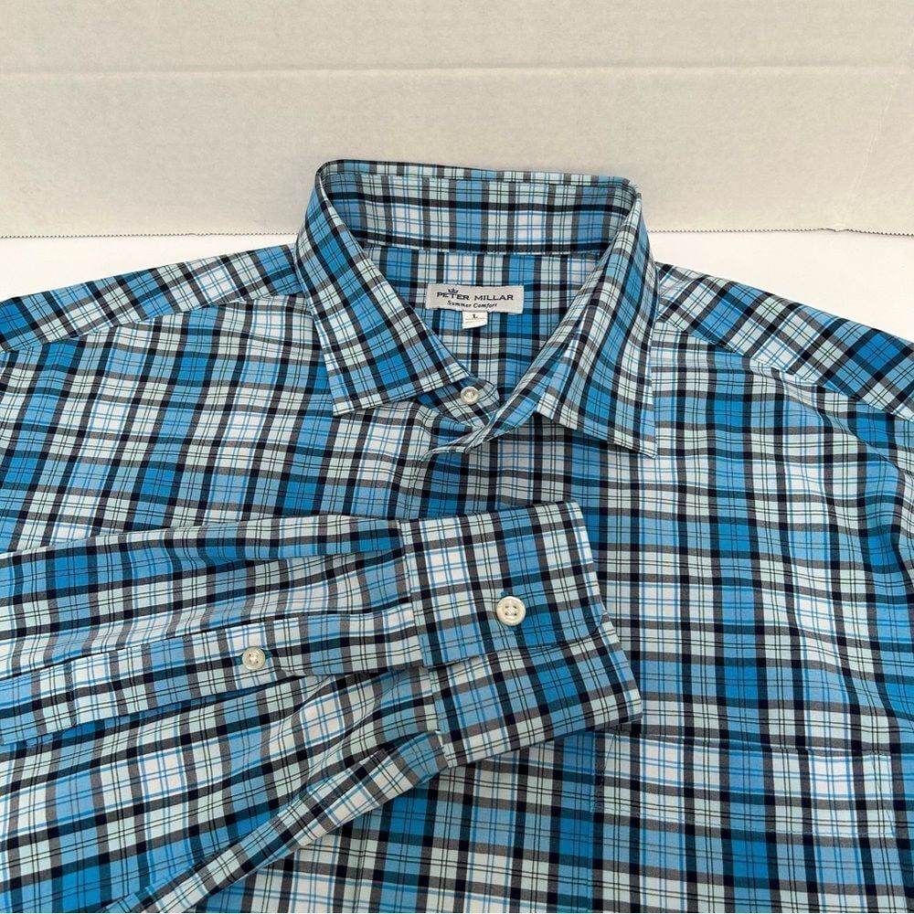 Peter Millar Summer Comfort Polyester Blue Plaid Long Sleeved Size Large